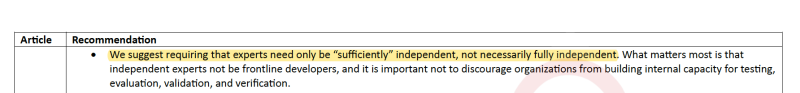 The US government recommendation for “sufficiently”, but not “fully”, independent experts. Source: Politico