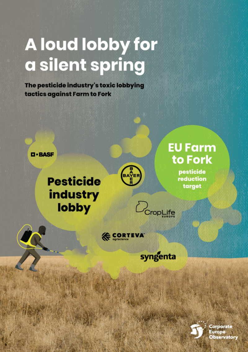Cover of pesticide report, man spreading toxic fumes