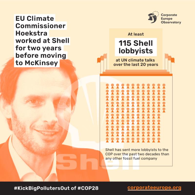 Image of Wopke Hoekstra on left with text EU Climate Commissioner Hoekstra worked at Shell for 2 years before moving to McKinsey