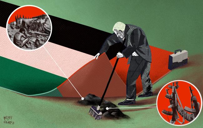 Image of UAE flag as a carpet with a lobbyist sweeping images of arms and war under it.