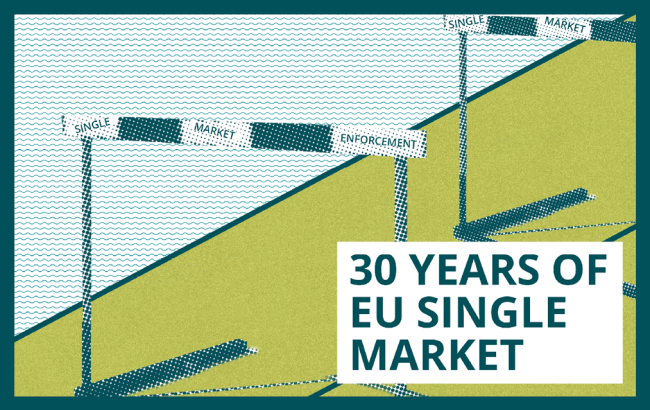 Hurdles with "Single Market Enforcement" stand on a green and blue wave background with the title "30 Years of EU Single Market"