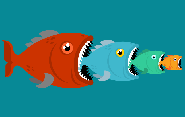 Image with a blue background and a four fish of different sizes bein eaten by each other, the smallest being eaten by the one slightly bigger, which is being eaten by another one slightly bigger, which is being eaten by the biggest.