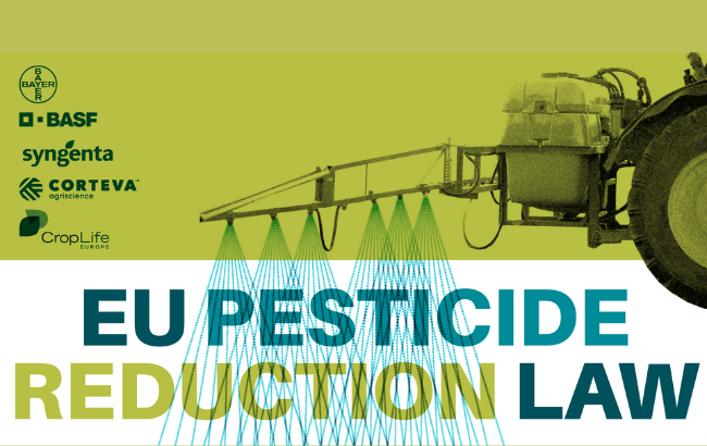 Image of Bayer, BASF, Syngenta, Corteva and Crop Life Europe and a tractor spreading pesticides and the words: EU Pesticide Reduction Law