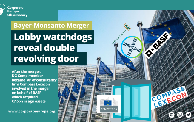 A visual showing the EU Commission building with the icon of a revolving door. On the left side of the door there is the DG COMP logo while on the right side there is the logo of Compass LexEcon. The visual also presents the logos of Bayer and BASF
