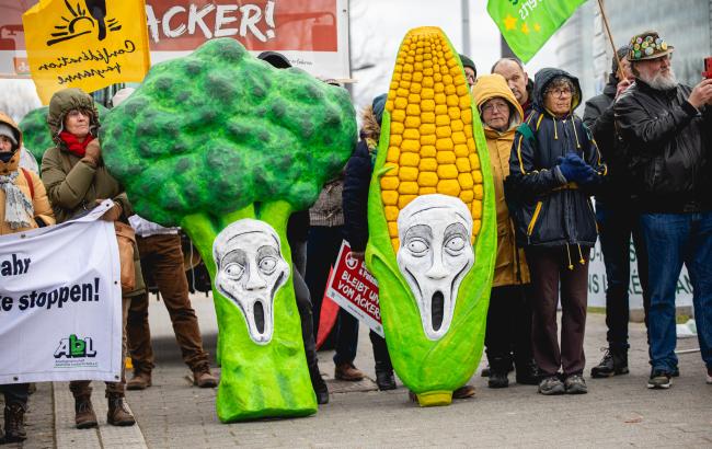 A protest outside the European Parliament in Strasbourg to stand four safety rules on new GMOs.