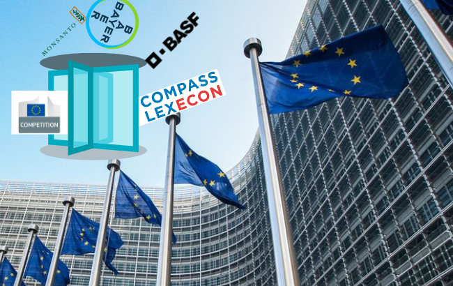 Photo of the European Commission with the image of a revolving door and the logos of Compass Lexecon, DG Comp, BASF, Bayer and Monsanto