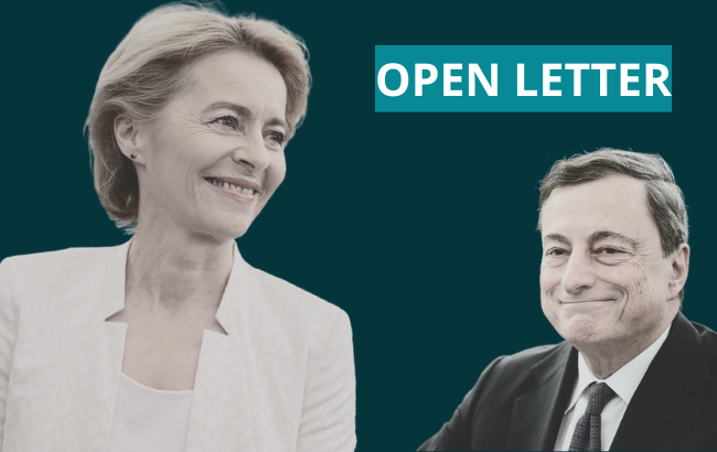 A visual on a blue background showing Ursula von der Leyen and Mario Draghi. A white text in a light blue rectangle reads: "OPEN LETTER".